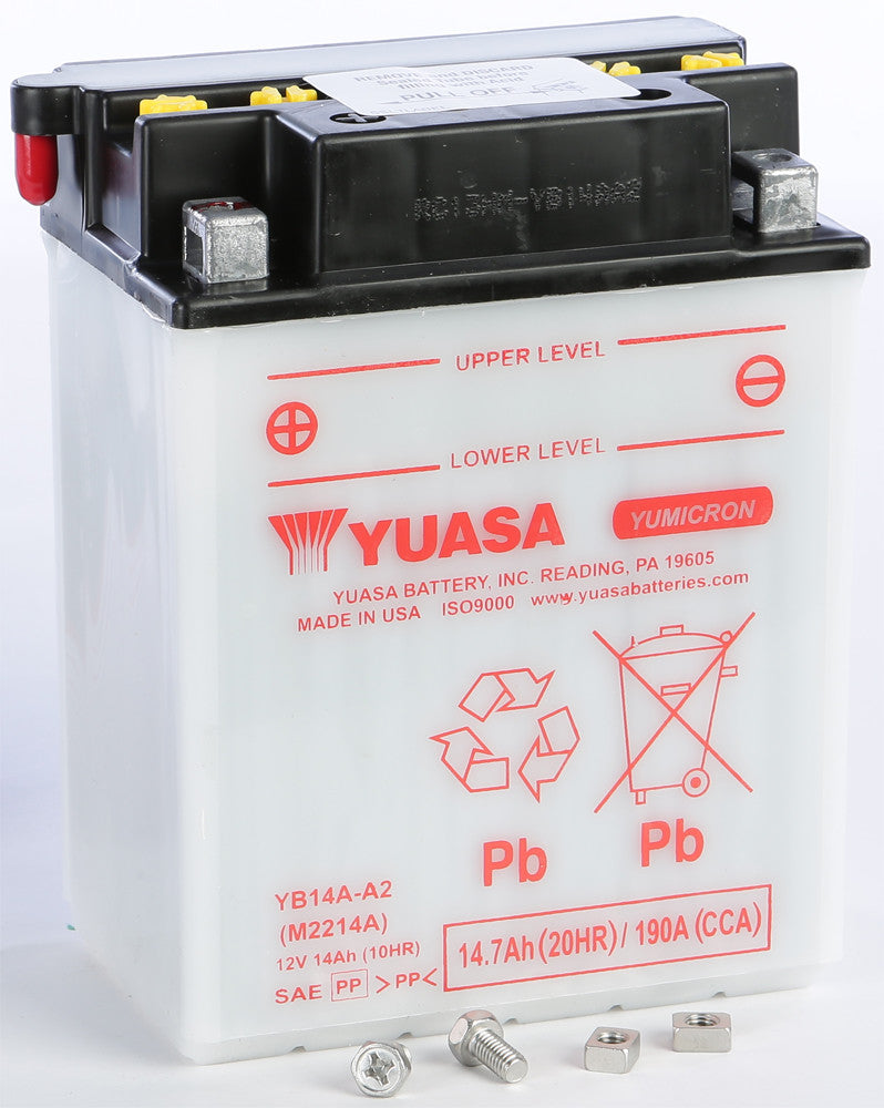 YUASA BATTERY YB14A-A2 CONVENTIONAL YUAM2214A (PLT-250)-atv motorcycle utv parts accessories gear helmets jackets gloves pantsAll Terrain Depot