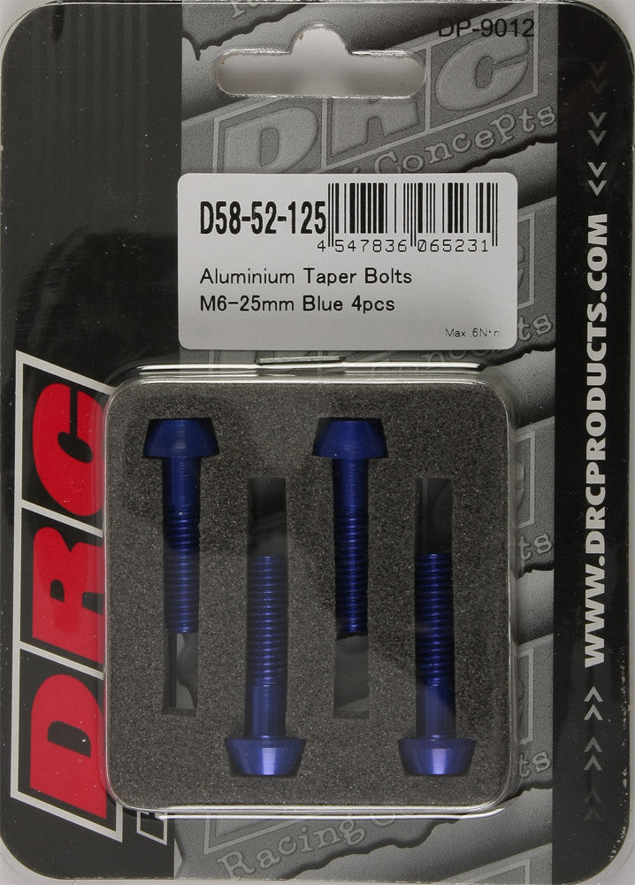 DRC ALUMINUM TAPER BOLTS BLUE M6X25MM 4/PK D58-52-125