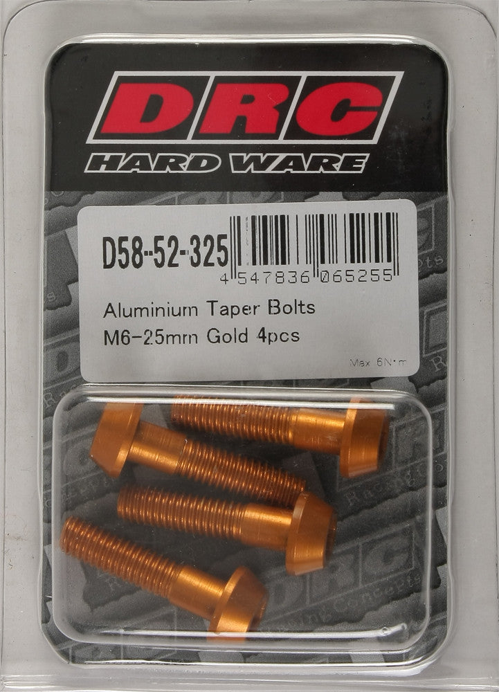 DRC ALUMINUM TAPER BOLTS GOLD M6X25MM 4/PK D58-52-325