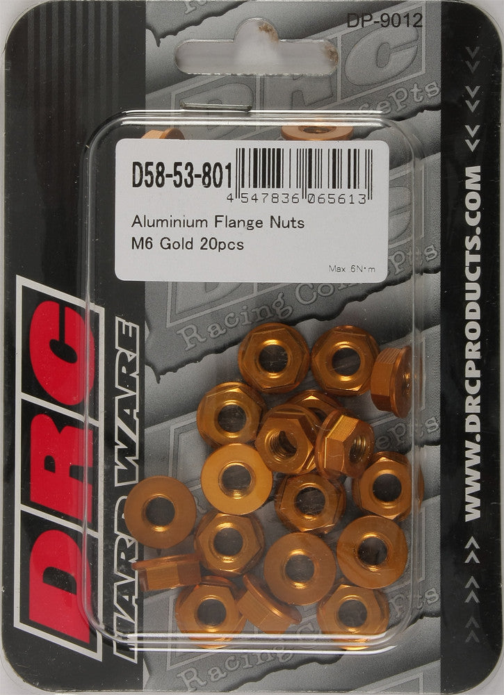 DRC ALUMINUM FLANGE NUTS GOLD M6X12MM 20/PK D58-53-801