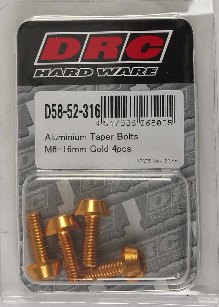 DRC ALUMINUM TAPER BOLTS GOLD M6X16MM 4/PK D58-52-316