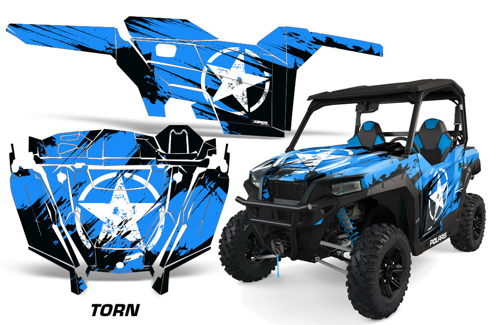 UTV Decal Graphics Kit SXS Wrap For Polaris General 1000 EPS 2016-2018 TORN BLUE-atv motorcycle utv parts accessories gear helmets jackets gloves pantsAll Terrain Depot