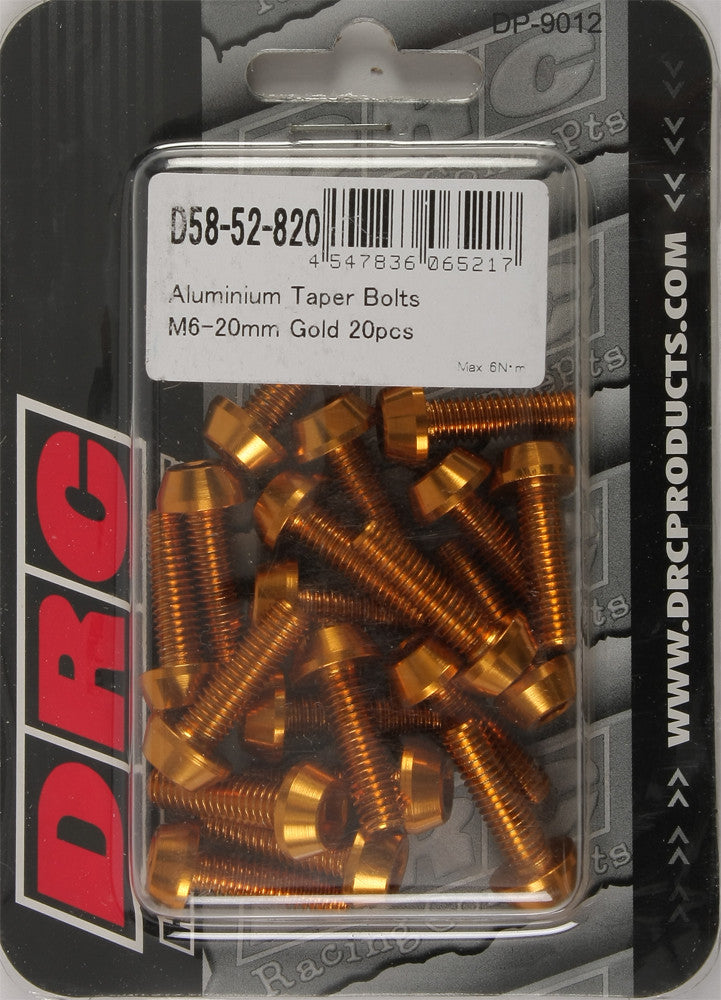 DRC ALUMINUM TAPER BOLTS GOLD M6X20MM 20/PK D58-52-820