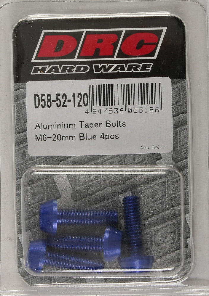 DRC ALUMINUM TAPER BOLTS BLUE M6X20MM 4/PK D58-52-120