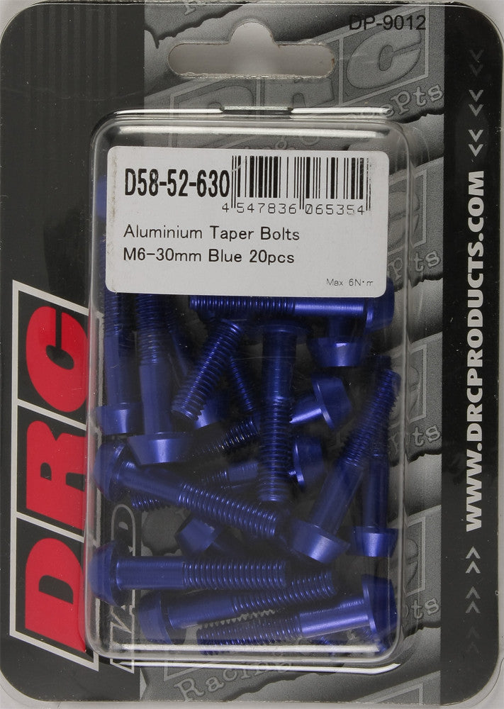 DRC ALUMINUM TAPER BOLTS BLUE M6X30MM 20/PK D58-52-630