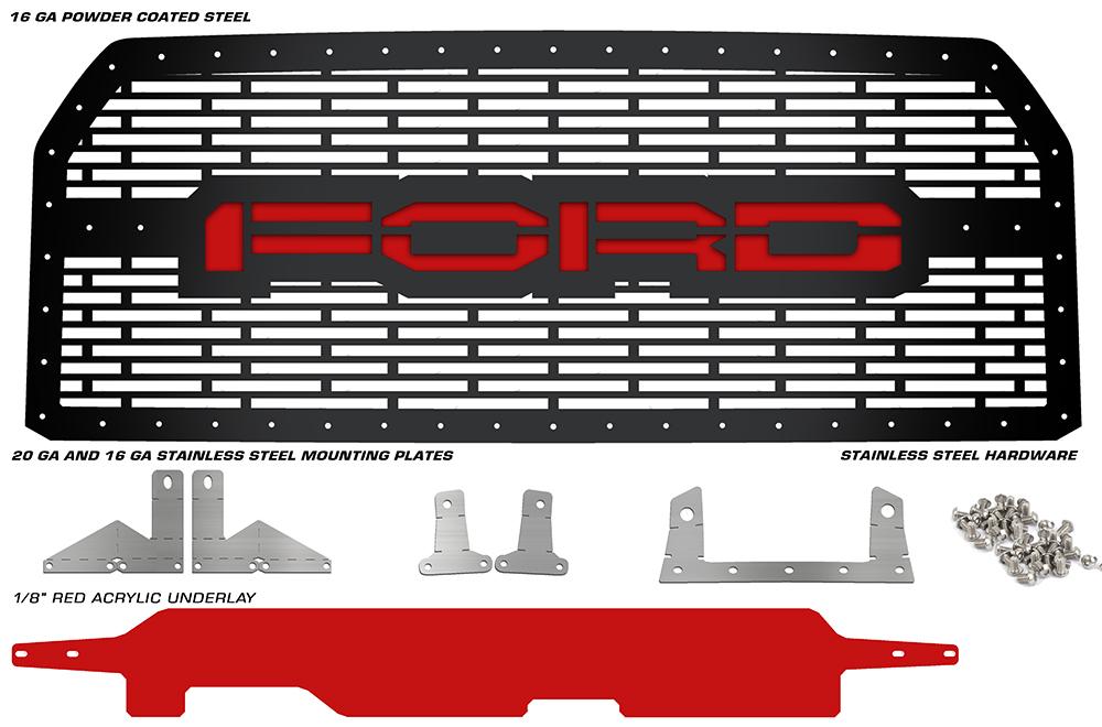 1 Piece Steel Grille for Ford F150 2015-2017 - FORD with RED ACRYLIC UNDERLAY-atv motorcycle utv parts accessories gear helmets jackets gloves pantsAll Terrain Depot